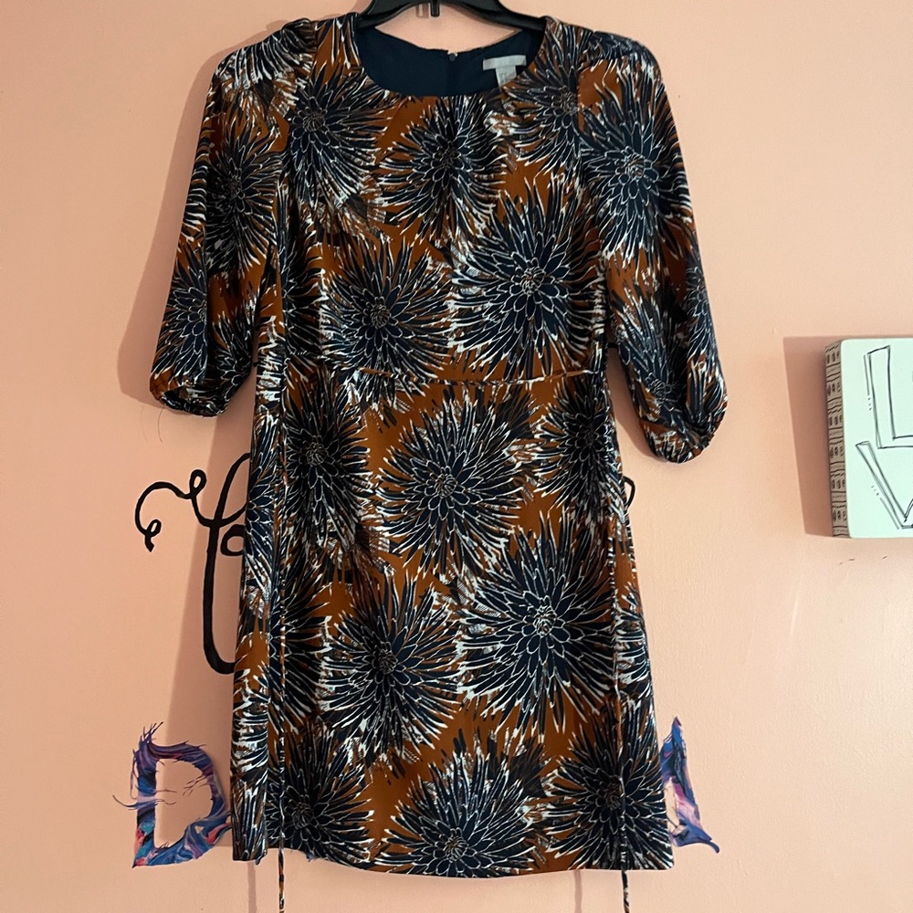 H&M Blue and Orange Puff Sleeve Sheath Dress